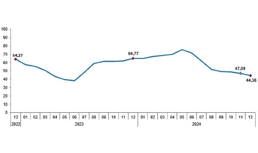 Tüik:  Tüketici fiyat endeksi (TÜFE) yıllık %44,38, aylık %1,03 arttı